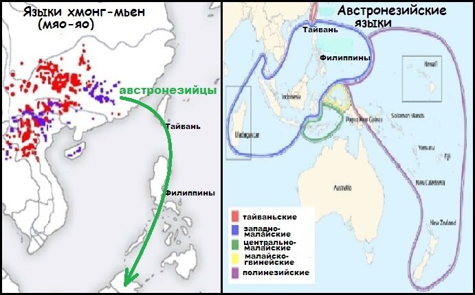 Происхождение австронезийцев (слева) и их современное распространение (справа). (википедия)