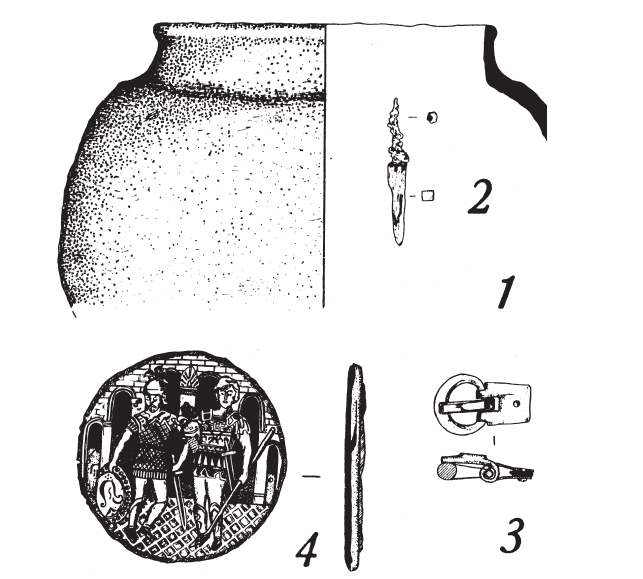 Инвентарь погребения на территории г. Уфы: 1 — лепной сосуд, 2 — железное шило, 3 — бронзовая пряжка, 4 — бронзовая бляшка с изображением воинов. Источник: Гарустович Г.Н., Иванов В.А. Уникальное произведение позднеантичной торевтики из погребения на Южном Урале // Проблемы истории, филологии, культуры. 2010. №3. С. 79–89