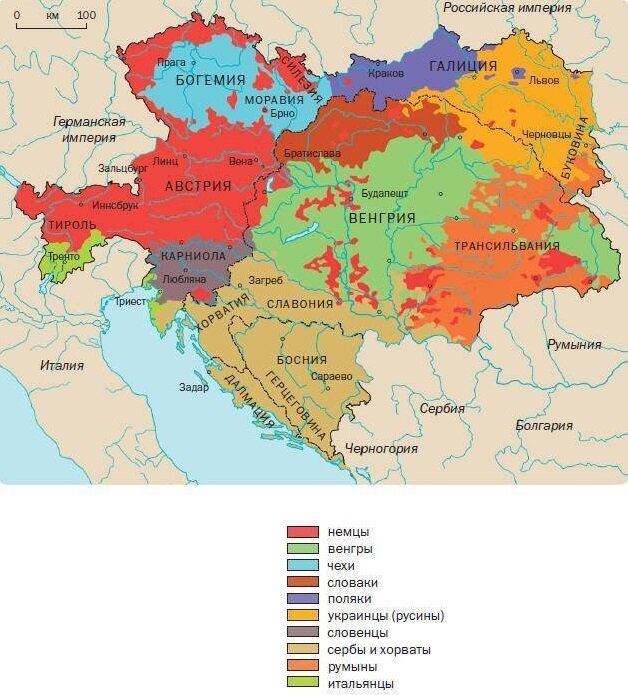 Карта Австро-Венгрии в 1914 году (народы, проживавшие на территории империи)