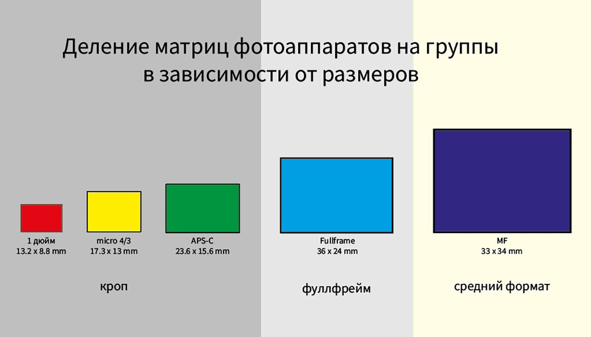 Все матрицы делятся на условные группы: кроп, фуллфрейм и средний формат. Последний никогда в особом ходу не был из-за тяжести камер с такими матрицами и их дороговизны. Фактически профессиональными камерами считались фотоаппарата с фуллфрейм матрицей, но с 2020 года тенденция меняется