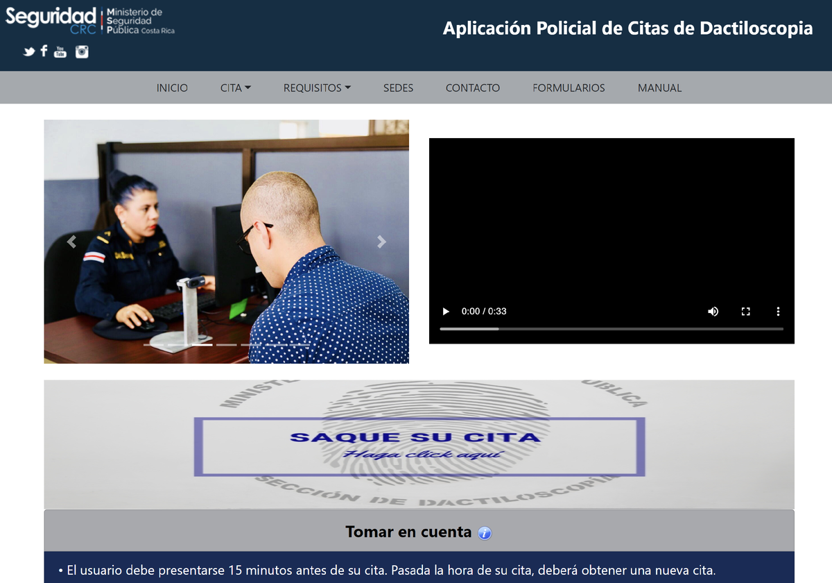 Откроется страница с общими требованиями и кнопкой "Saque su cita aqui" (запишитесь здесь). Либо можно сверху выбрать раздел cita / solicitar cita.