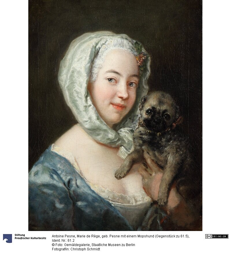 Антуан Пэн. Портрет Мари де Реж, урожд. Пэн, дочери художника, с мопсом, 1737. Картинная галерея Берлина. (это не Гедвига София Августа, но зато мопс 18 века)