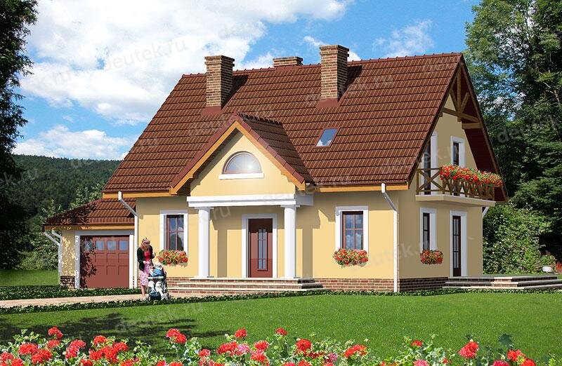 Проект дома 170 м2 с мансардой и одноместным гаражом, эркером и террасой - DTV100141