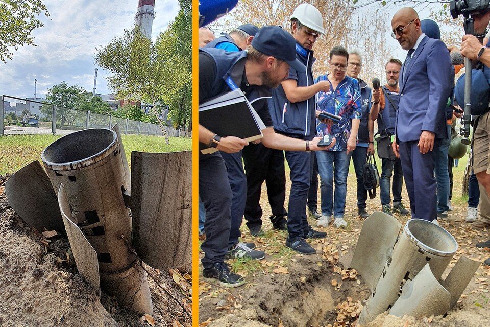     Делегация МАГАТЭ осматривает хвостовую часть заряда РСЗО на территории Запорожской АЭС. Олег АДАМОВИЧ