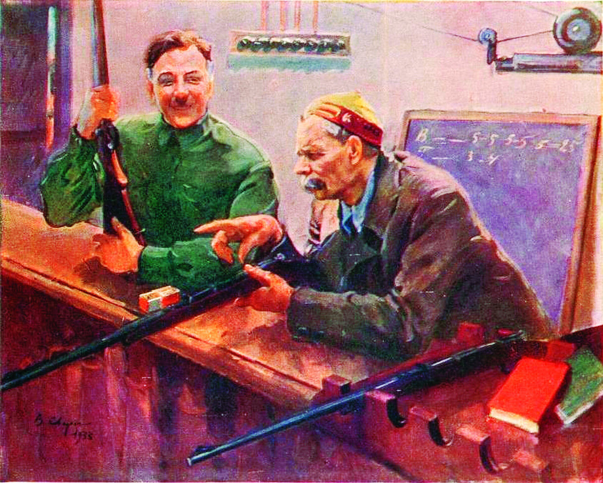 Товарищи К. Ворошилов и М. Горький в Тире ЦДКА. Художник В.С. Сварог. СССР. 1932 год.