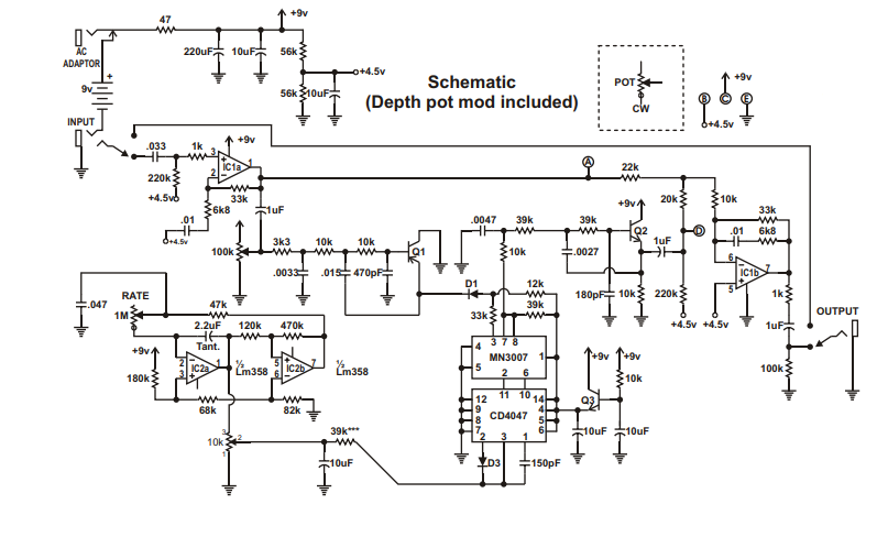 Модернизированная схема Small Clone, с регулятором глубины эффекта в виде потенциометра