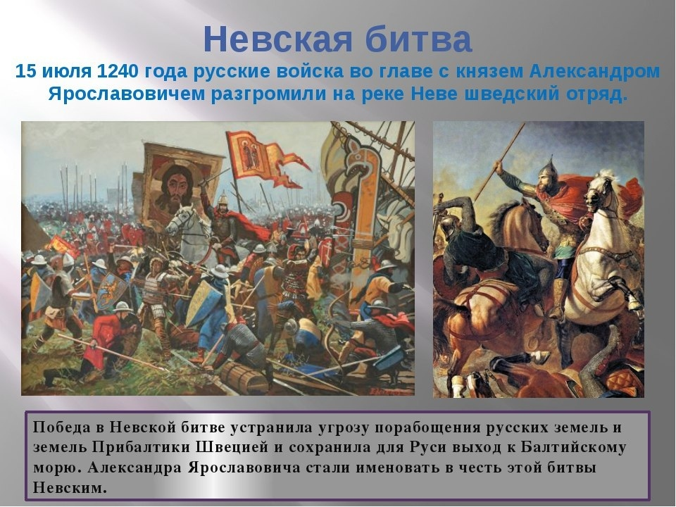 15 Июля 1240 г. русские войска разбили Шведов в Невской битве. 15 Июля 1240 года состоялась Невская битва..