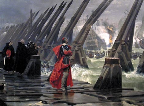 Картина Мотта Анри-Поля "Кардинал Ришелье на плотине под Ла Рошелью", 1881, холст, масло. Находится в музее Орбиньи-Бернон, Ла-Рошель