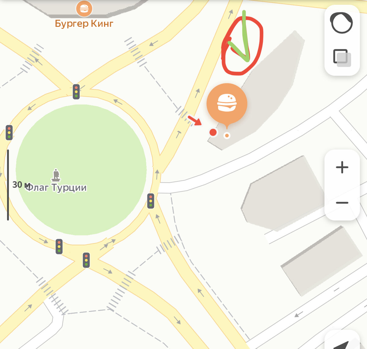 галочкой отмечено место, где нужно тормозить автобус