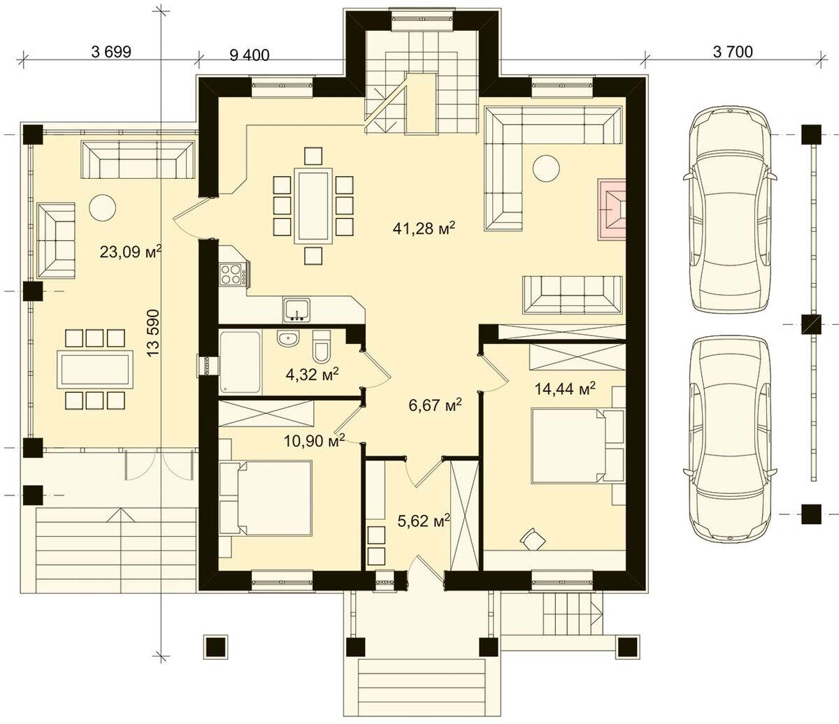 Особое достоинство коттеджа – две изолированных жилых комнаты на первом этаже. Это редкость для таких небольших домов, но очень ценно, потому что позволяет поселить пожилых, малолетних, устроить место для приёма посетителей или оставить ночевать гостей.