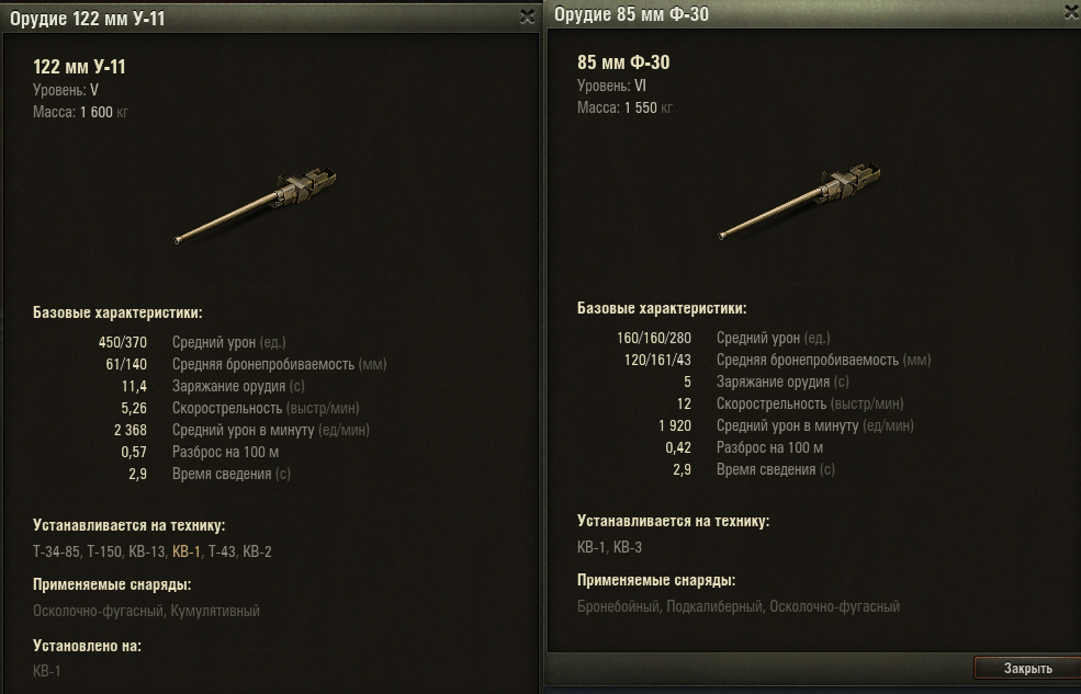сравнение орудия  "122 мм У-11" и  "85 мм Ф-30"