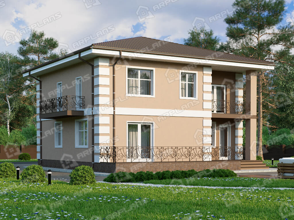Фото 1 двухэтажного дома из газобетона с 4 спальнями, балконом, газовой котельной и гаражом 206 кв м. Источник arplans.ru Проект К-381