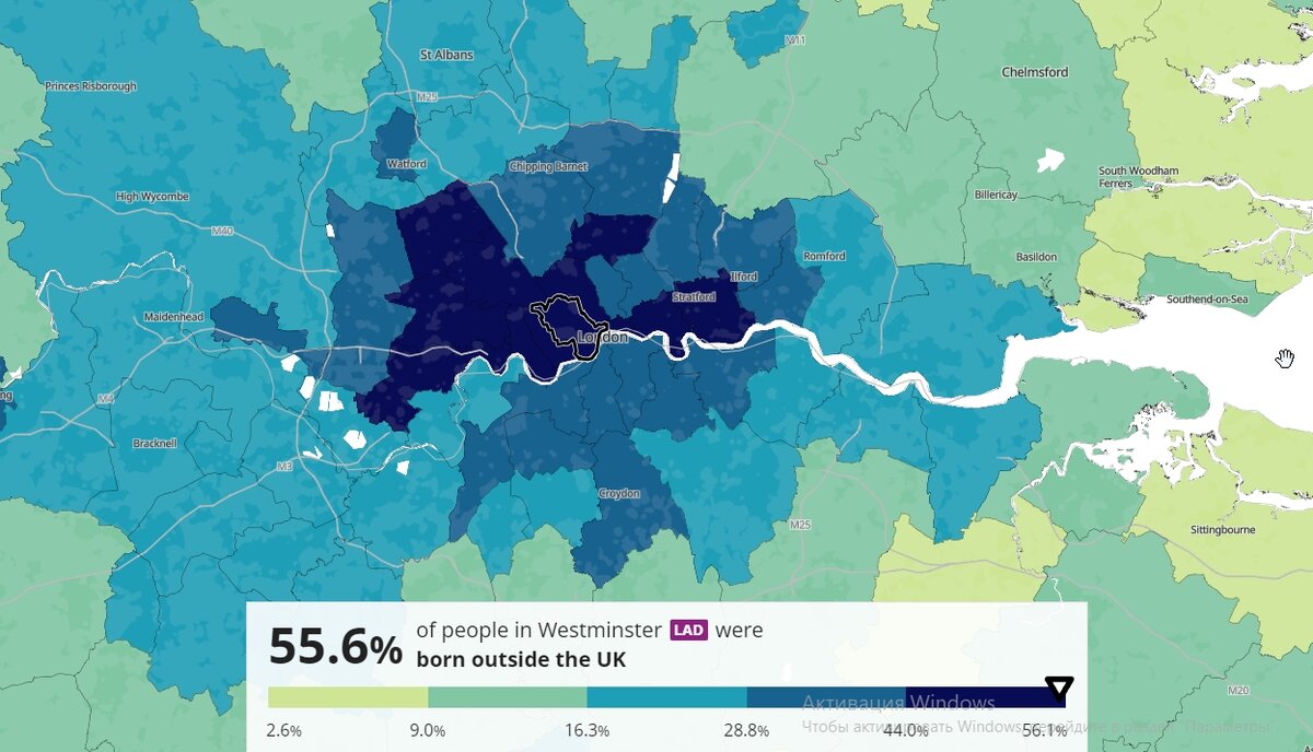 Результаты переписи 2021-2022 года. Карта Лондона, показывающая тех, кто родился вне Великобритании.