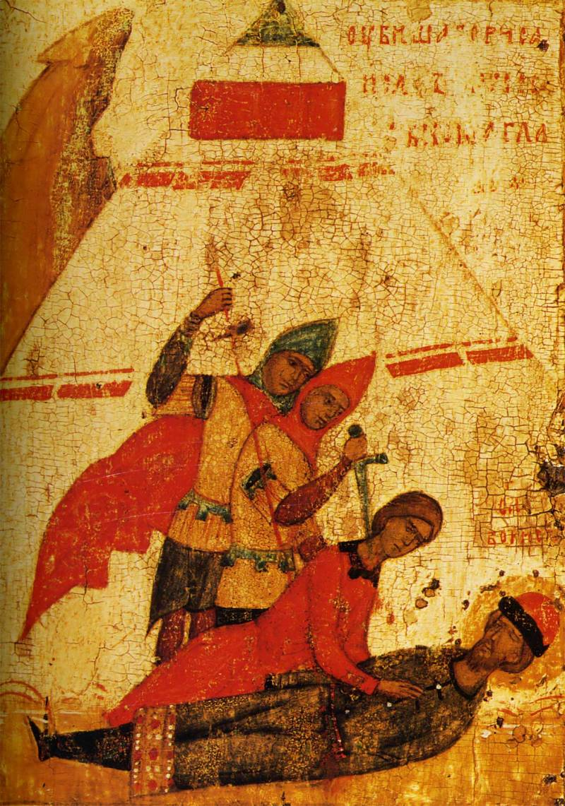 Убийство Бориса и Георгия Угрина в шатре на реке Альте. Клеймо иконы «Борис и Глеб с житием». Москва. Вторая четверть XIV в. 