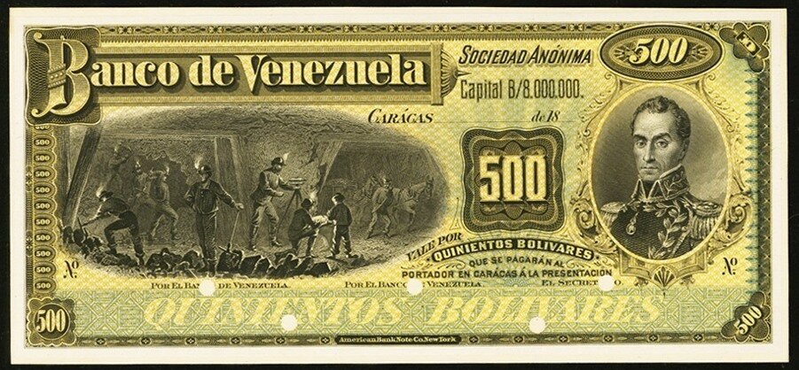 Венесуэла. 500 боливаров 1890 года. Коногон с лошадью под землёй. Обратите внимание на странную фигуру умного полурослика слева от животного. Кто это? Заблудившийся хоббит? Карлик-маркшейдер? Мы ещё вернёмся к этому вопросу в дальнейшем обсуждении банкнот Венесуэлы. 