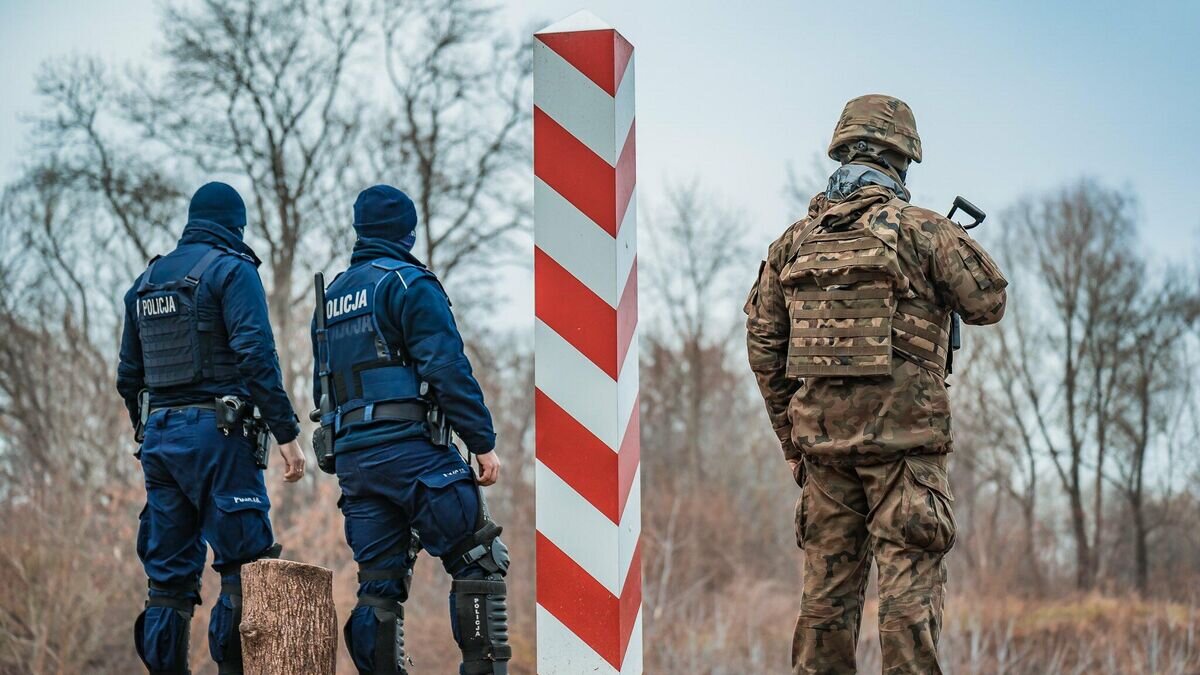    Сотрудники полиции Польши и польский военнослужащий на границе с Белоруссией© Фото : @Zelazna_Dywizja/Twitter