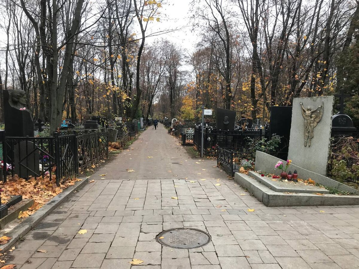 Аллея кладбища. Справа - памятник музыканту, певцу и композитору Владимиру Мигуле.