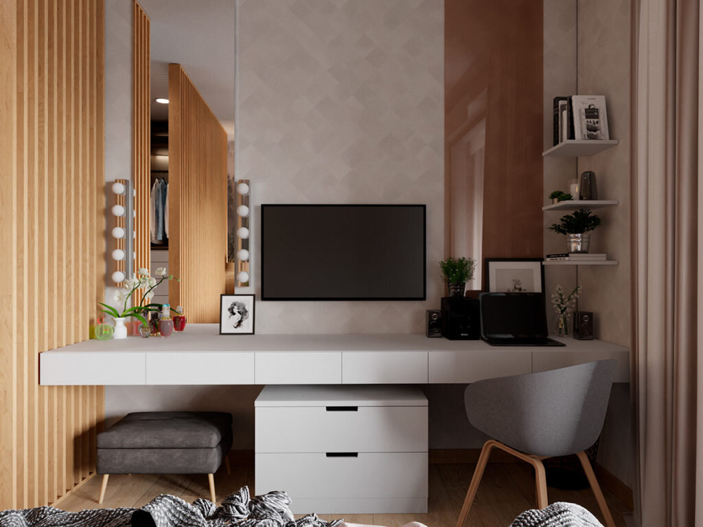 Зеленый, серый и много дерева. Современный интерьер трехкомнатная квартиры