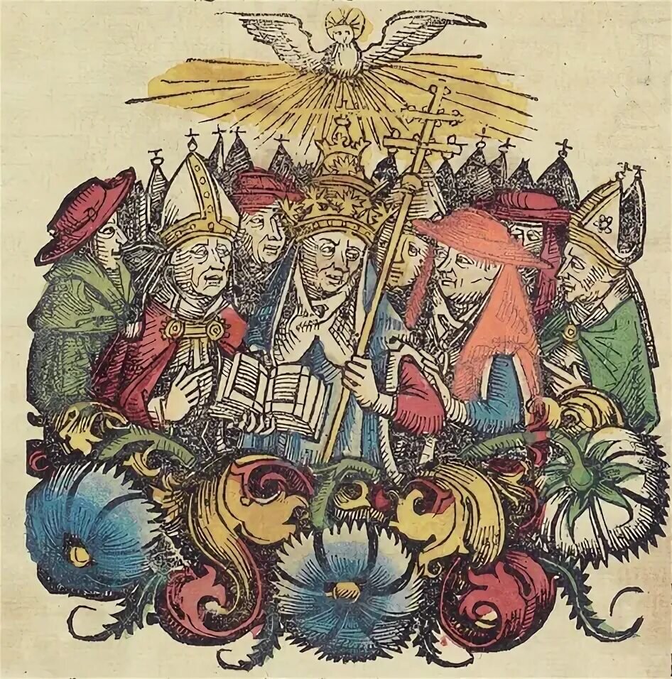 Епископы, митрополиты, патриархи на Флорентийском соборе. Над ними святой дух. Изображение из «Нюрнбергских хроник».