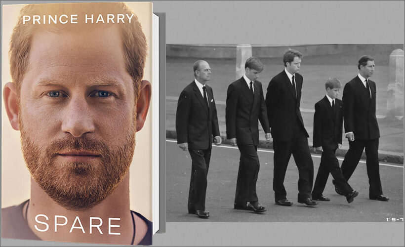 Фотография принца Филиппа, принца Уильяма, Чарльза Спенсера, принца Гарри и принца Чарльза, использованная для коллажа, — из архива газеты Mirror (https://mirror.co.uk)