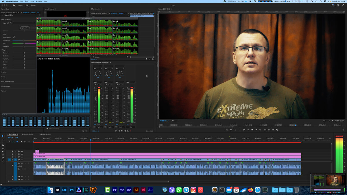 Просмотр 4K проекта в Adobe Premiere Pro 22.6, macOS Monterey 12.6.2, звук — Denoise + Vocal Enhancer (мужской голос), Lumetri + «кожезаменитель» Red Giant Cosmo II. Исходник — тоже 4K