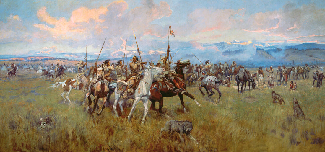 В качестве заглавной иллюстрации выбрана картина Ч. Рассела "Льюис и Кларк встречаются с индейцами (плокоголовыми) в долине Росс-Хол, 1911 г.