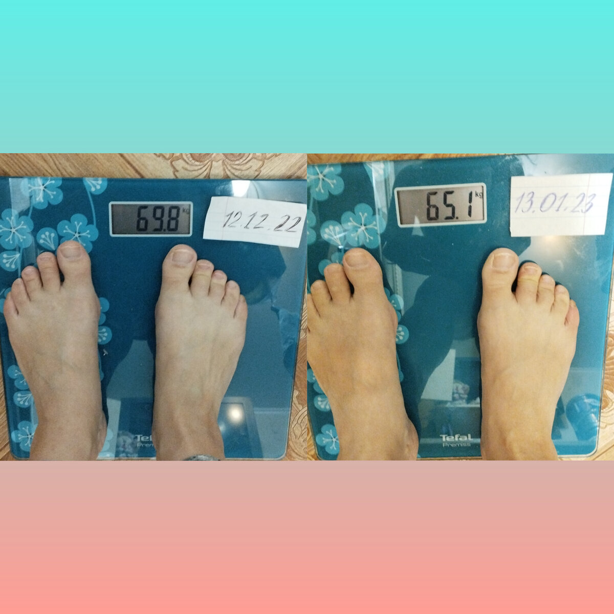 12.01.23 фото сделать забыла, там было 65,3, поэтому минус ровно 4,5 кг ( 6,1%) 