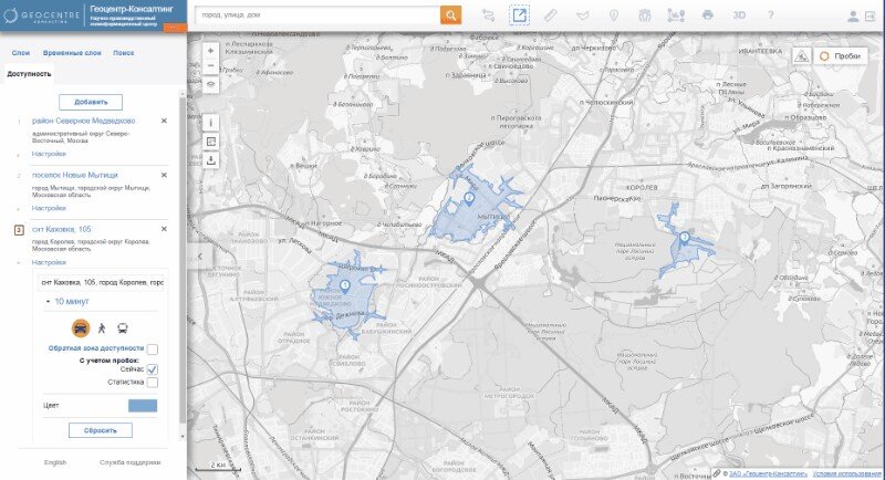 Зоны доступности на геопортале RuMap.ru
