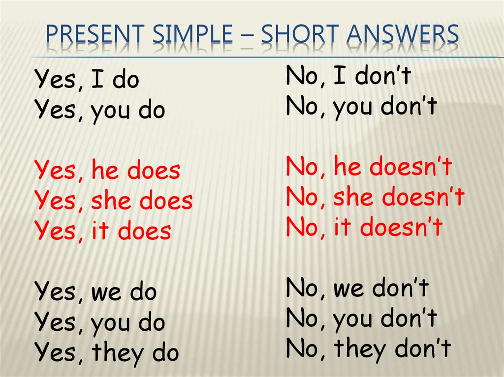Does в вопросе your. Как отвечать на вопросы в present simple. Краткий ответ в английском present simple. Present simple краткие ответы. Краткие ответы в презент Симпл.