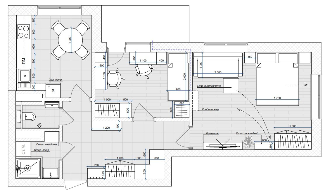 Планировка с реальными размерами мебели