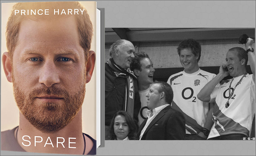 Фотография принца Гарри с друзьями на полуфинальном матче чемпионата мира по регби между Англией и Францией 13 октября 2007 г., использованная для коллажа, — из архива Daily Express (https://express.co.uk)