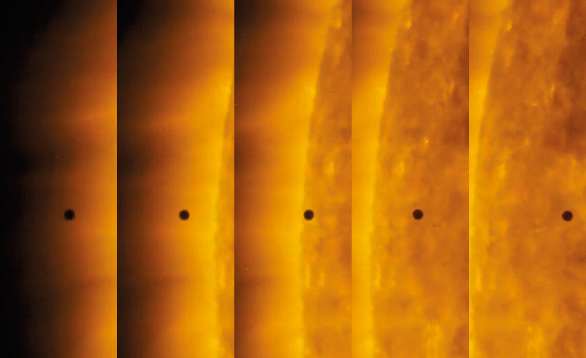 Прохождение (транзит) Меркурия по диску Солнца, наблюдаемое с Земли. Хорошо виден масштаб планеты относительно Солнца.