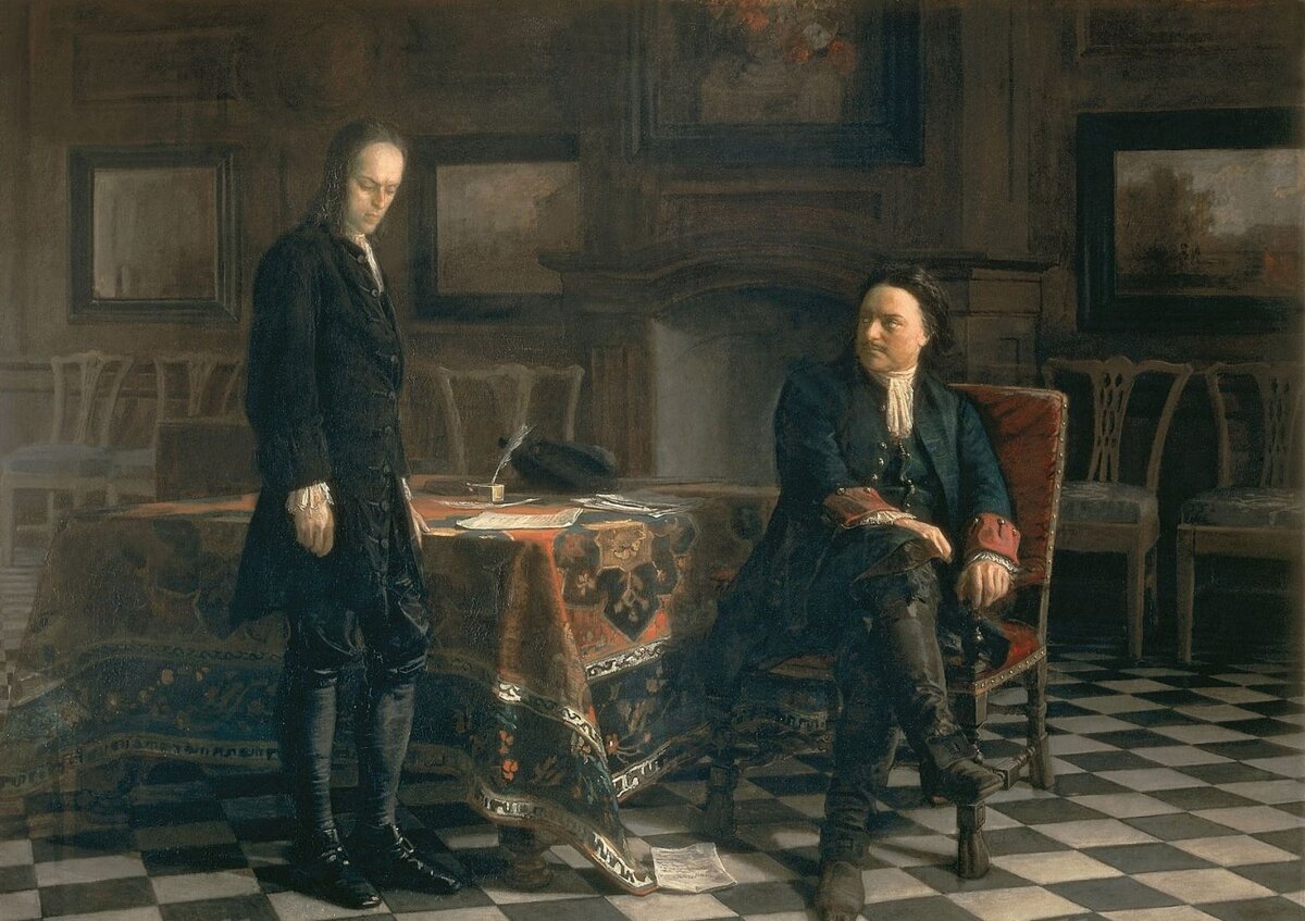 Картина Николая Ге "Пётр I допрашивает царевича Алексея Петровича в Петергофе"