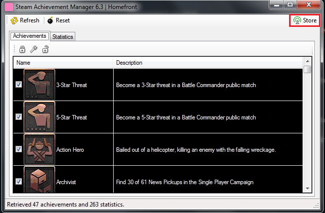 Далее мы смело выбираем игру в которой вы хотите накрутить достижения. Я например (для примера) возьму игру Homefront.



После выбора игра у вас откроется окно:



После открытия данного окна мы нажимаем на замочек (благодаря этому все достижения откроются)



Далее для получения всех достижений надо нажать на "Store" как показано на скриншоте:

