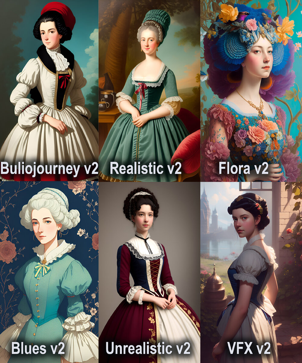 Девушка 18 века. Сравнение стилей рисования нейросети