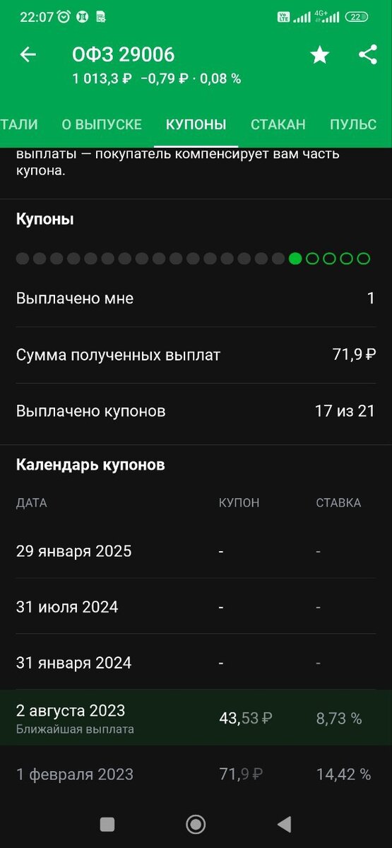 Купоны по облигации ОФЗ 29006