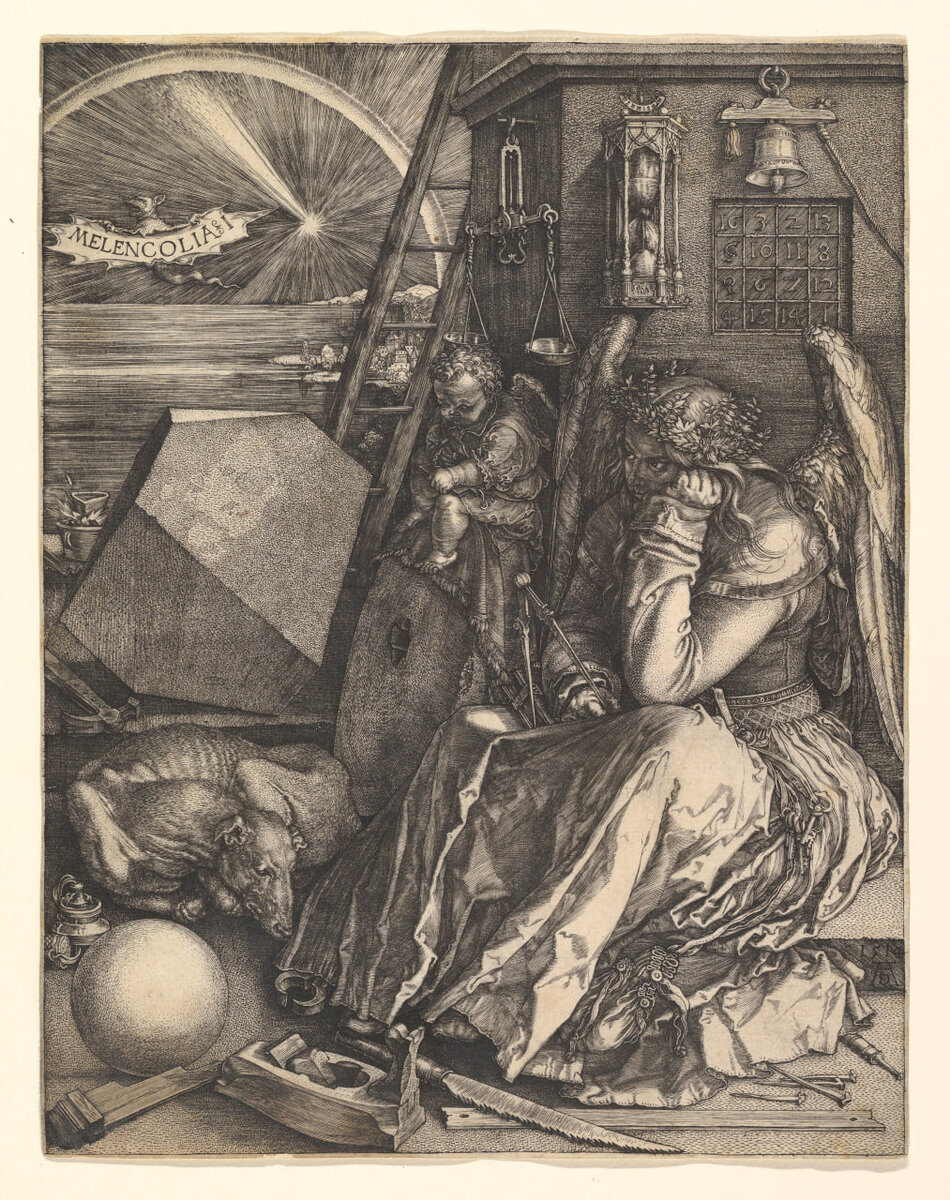    Гравюра Альбрехта Дюрера «Меланхолия I» (1514). Перед ангелом лежат предметы, символизирующие знание и творчество. По словам Юханиссон, «это образ творца, томящегося в ожидании творческого подъема»The Metropolitan Museum of Art