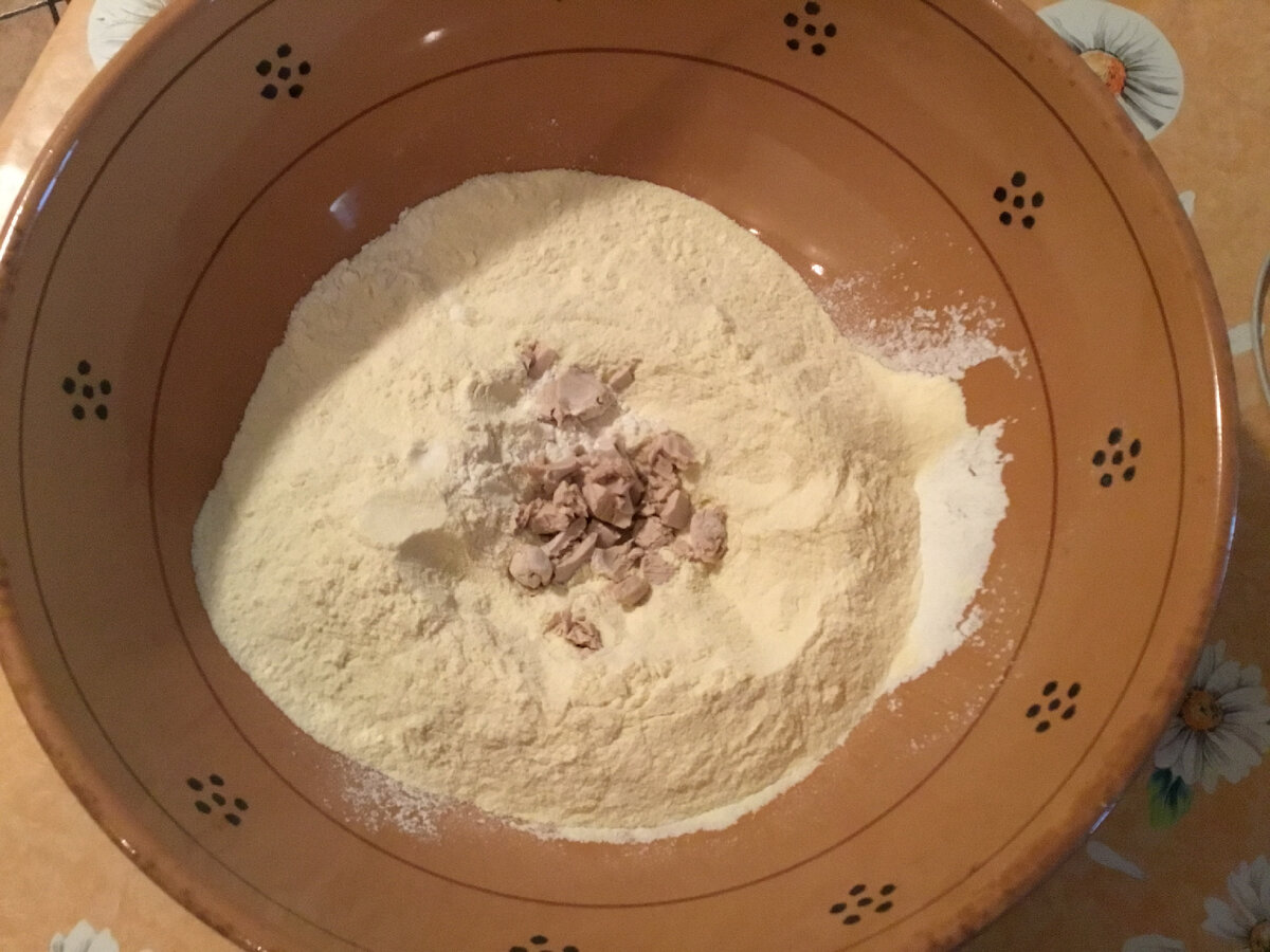 Начало традиционно: в муке сделать углубление, раскрошить дрожжи и подлив  теплого молока замесить тесто.