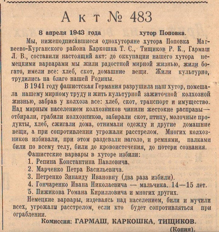 Документальное подтверждение зверств фашистов на территории района