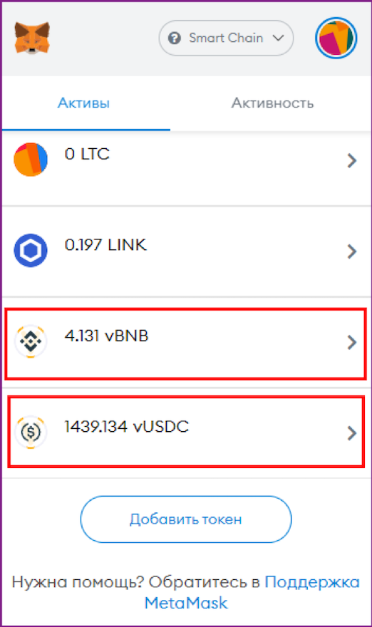 Рис 2. Отображение vTokens в подключённом к площадке MetaMask, на 18.06.2021