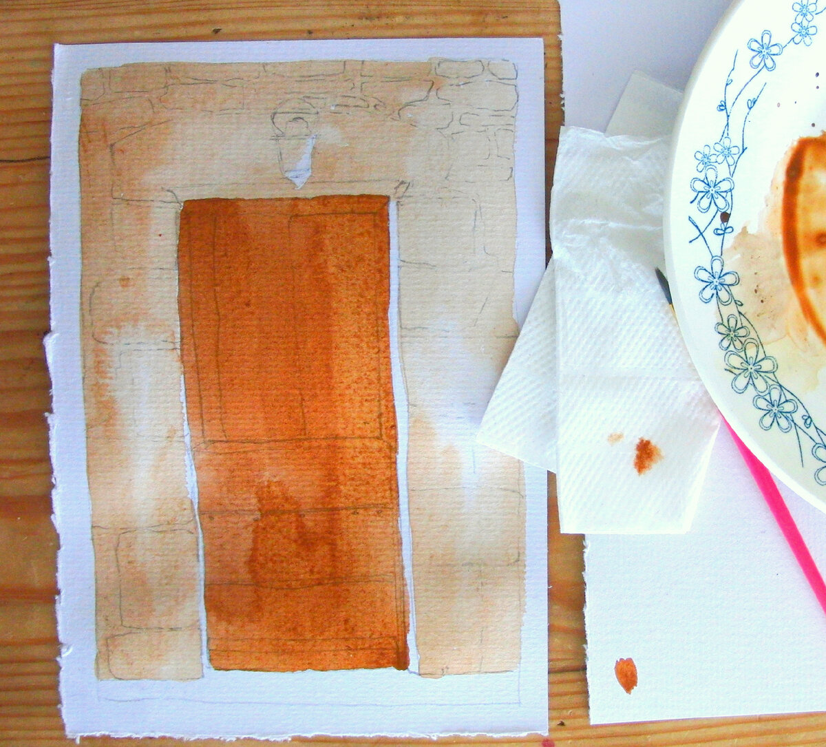 Для двери использовала те же краски, сиену натуральную + охру красную.