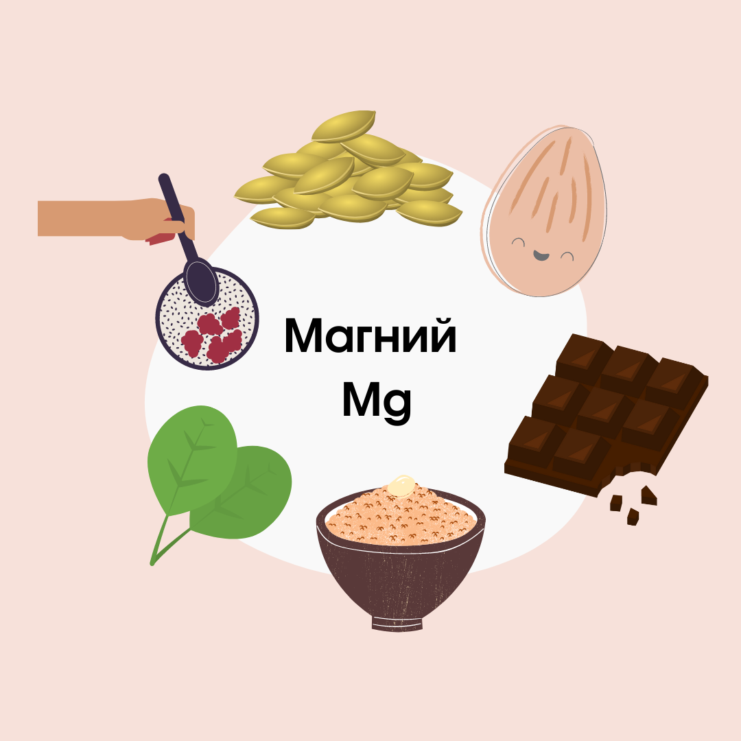 Продукты с высоким содержанием магния: тыквенные семечки, миндаль, какао бобы, злаки, шпинат, семена чиа.