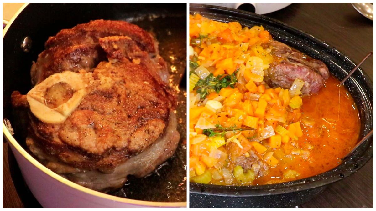 Слева - жарю мясо, справа - залил смесью овощей в бульоне