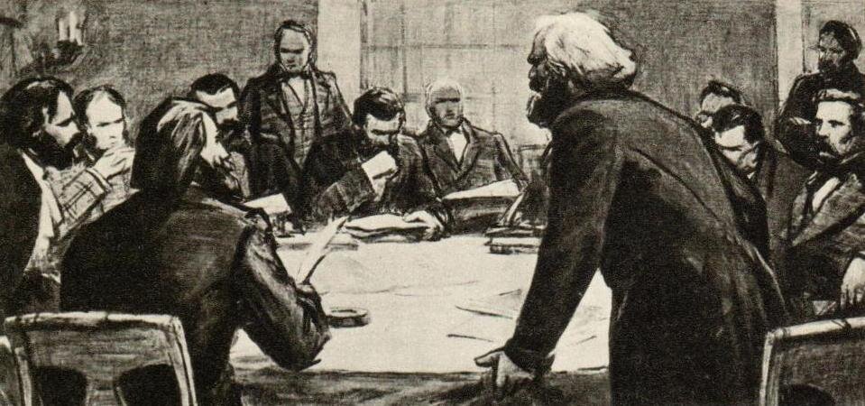 Выступление Карла Маркса на заседании Генерального совета I Интернационала. Художники Д. Миньков и М. Романов