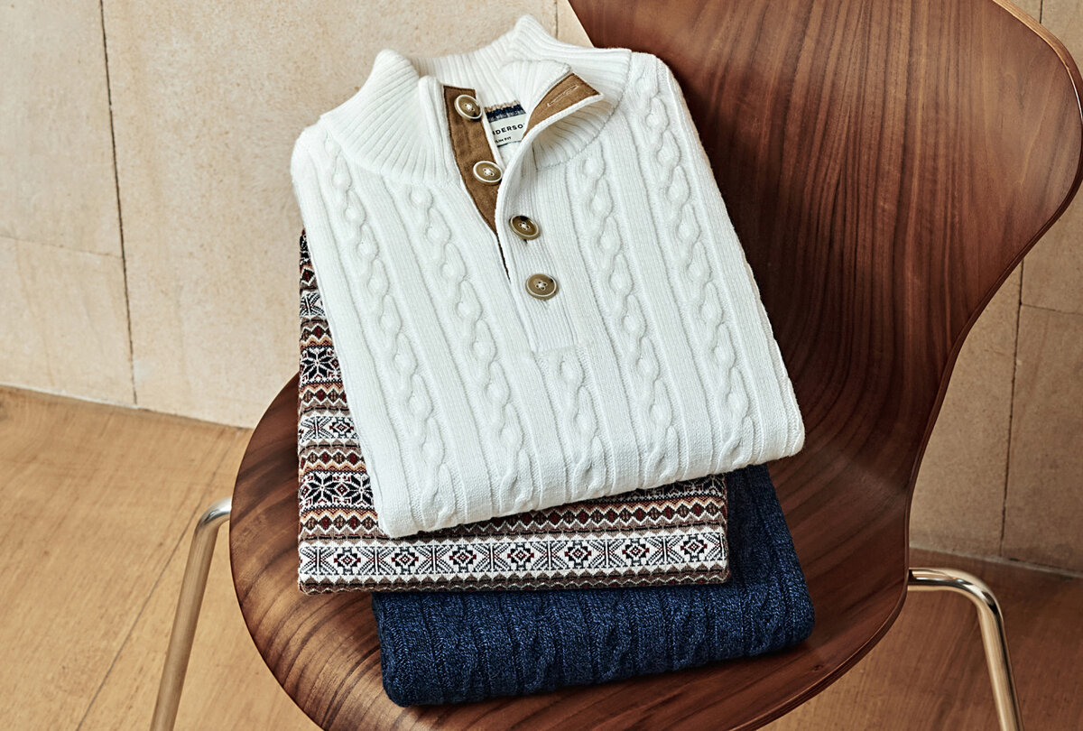 Пуловер трикотажный на пуговицах, с узором "Косичка", полуприлегающий силуэт, воротник на пуговицах KWL-0921 WHITE, KWL-0921 LNAVY; Пуловер трикотажный на пуговицах, со скандинавским узором, полуприлегающий силуэт, С-образный воротник KWL-0920 BEIGE
