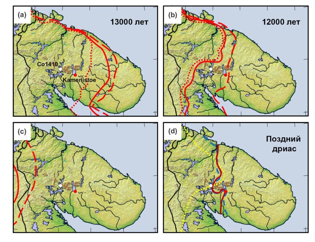    Реконструкция протяженности Скандинавского ледникового щита в изучаемом регионе на временном срезе в 13 (а), 12 (b) и 11 тыс. л.н. (c). Три линии обозначают максимальную (красная пунктирная), минимальную (красная пунктирная) и наиболее вероятную (сплошная красная линия) протяженность льда, что отражает неопределенность данных. (d) Реконструированные границы ледяных щитов в период позднего дриаса / ©Пресс-служба КНЦ РАН