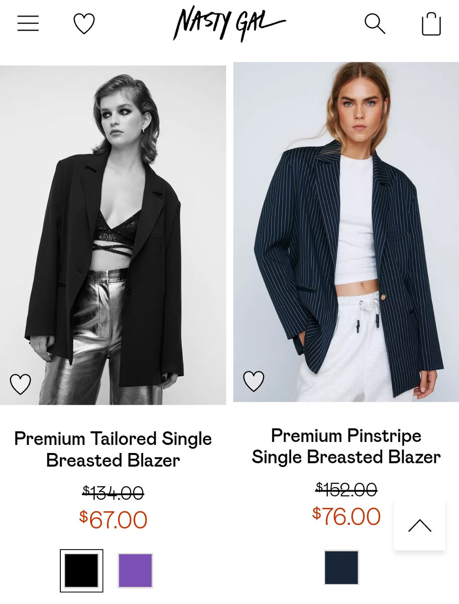 Стоимость блейзеров Nasty Gal на официальном сайте бренда. 