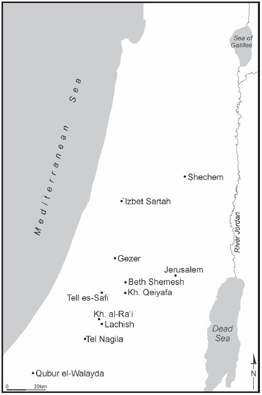     Карта мест обнаружения памятников древней ханаанской письменности Daniel Vainstub et al. / Jerusalem Journal of Archaeology, 2022