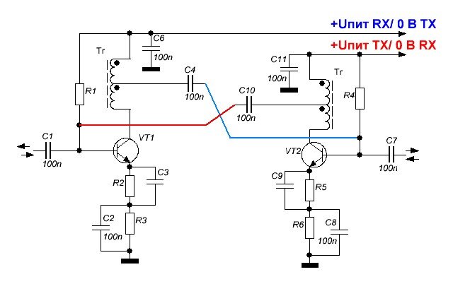 Рис. 2. Схема реверсивного УВЧ на двух транзисторах.