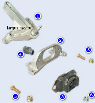 
1. Кронштейн левой опоры; 2 - левая опора силового агрегата; 3 - резиновая подушка опоры; 4 - резиновая вставка опоры; 5 - болты крепления подушки с опорой; 6 - гайка крепления опоры к кронштейну